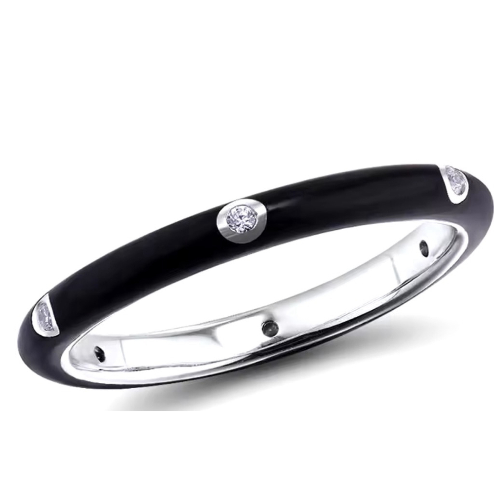 NEW Women’s Pave’ Diamond Black Enamel Stacking 925 Sterling Silver Band Ring